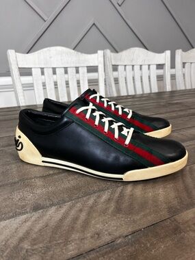 GUCCi Boulevard Black Leather Web Strap Detail Sneakers Gucci Sz 14